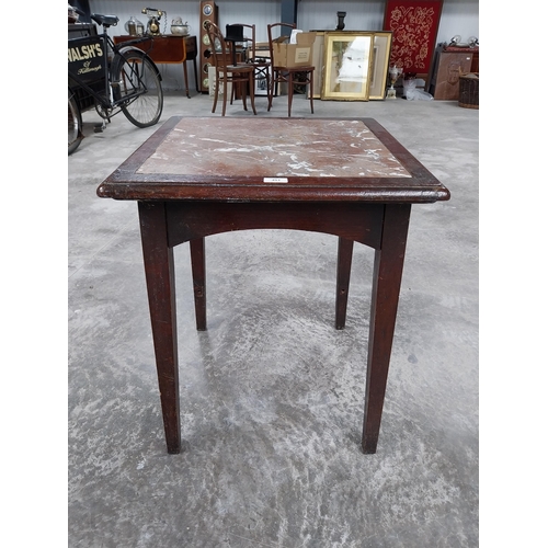 451 - 1950's mahogany bar table with marble inset top. {69 cm H x 50 cm W x 50 cm D}