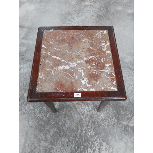 451 - 1950's mahogany bar table with marble inset top. {69 cm H x 50 cm W x 50 cm D}