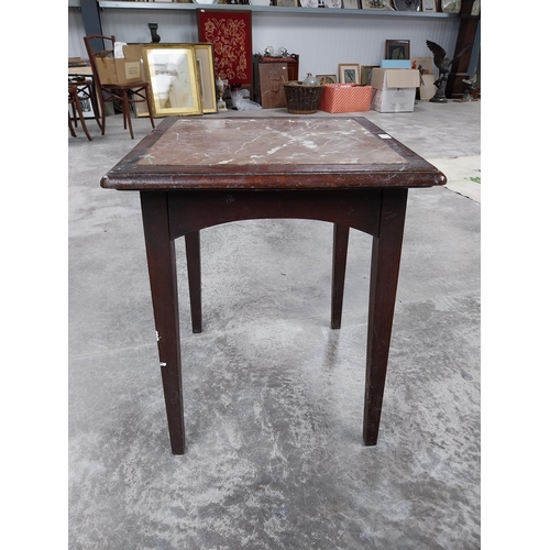 451A - 1950's mahogany bar table with marble inset top. {69 cm H x 50 cm W x 50 cm D}