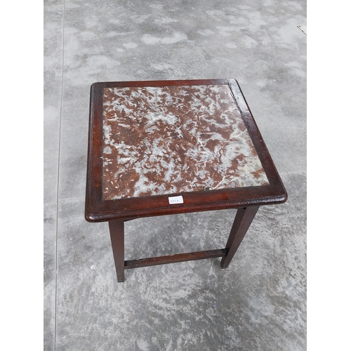 451A - 1950's mahogany bar table with marble inset top. {69 cm H x 50 cm W x 50 cm D}