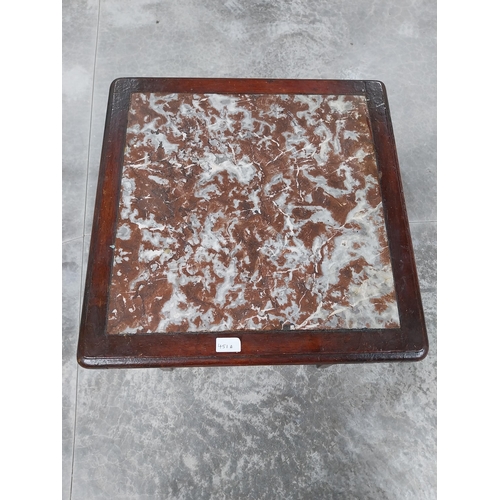 451A - 1950's mahogany bar table with marble inset top. {69 cm H x 50 cm W x 50 cm D}