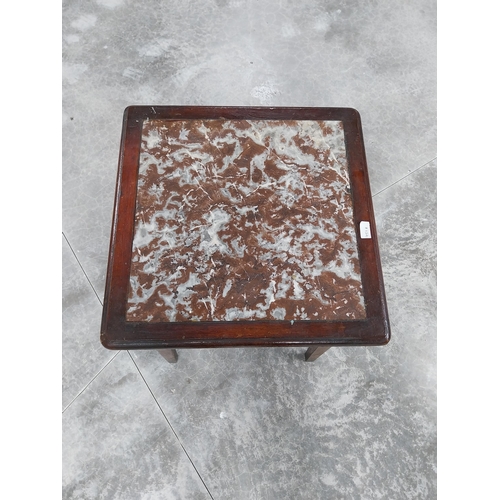 451A - 1950's mahogany bar table with marble inset top. {69 cm H x 50 cm W x 50 cm D}