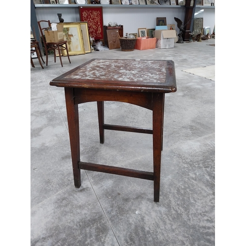 451B - 1950's mahogany bar table with marble inset top. {69 cm H x 50 cm W x 50 cm D}