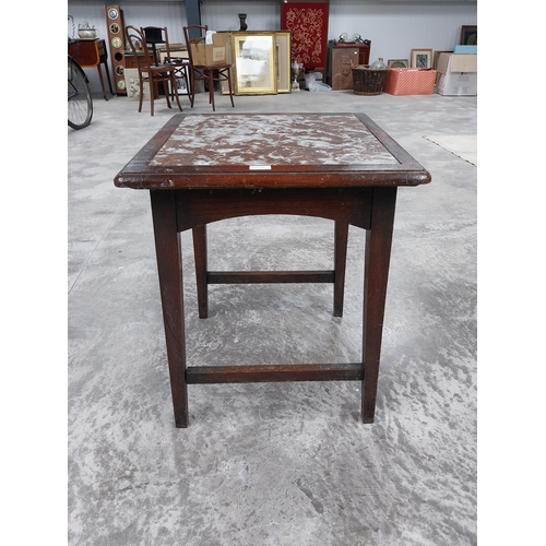 451B - 1950's mahogany bar table with marble inset top. {69 cm H x 50 cm W x 50 cm D}