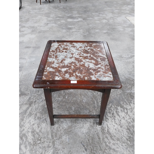 451B - 1950's mahogany bar table with marble inset top. {69 cm H x 50 cm W x 50 cm D}