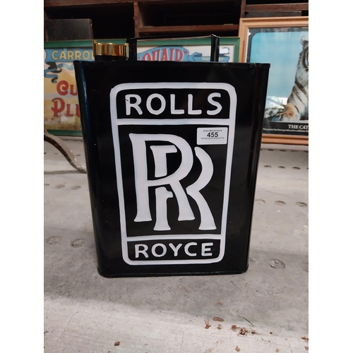 455 - Rolls Royce metal petrol can. {30 cm H x 24 cm W x 15 cm D}.