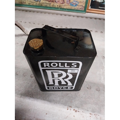 455 - Rolls Royce metal petrol can. {30 cm H x 24 cm W x 15 cm D}.