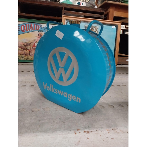 456 - Volkswagen metal petrol can. {35 cm H x 36 cm W x 14 cm D}.