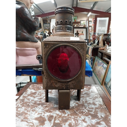 458 - 1950's metal and glass railway lamp. {45 cm H x 25 cm Dia.}.