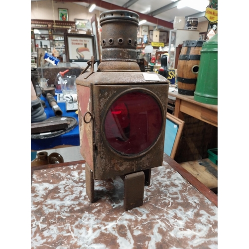 458 - 1950's metal and glass railway lamp. {45 cm H x 25 cm Dia.}.