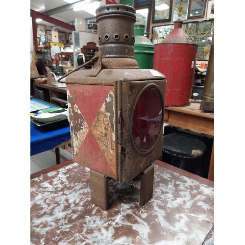 458 - 1950's metal and glass railway lamp. {45 cm H x 25 cm Dia.}.