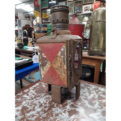 458 - 1950's metal and glass railway lamp. {45 cm H x 25 cm Dia.}.