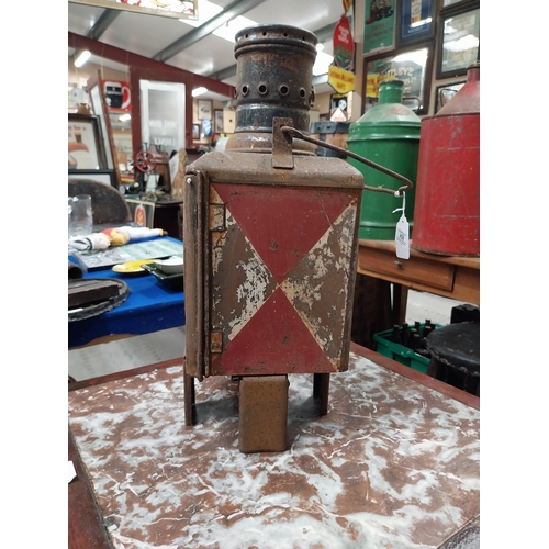 458 - 1950's metal and glass railway lamp. {45 cm H x 25 cm Dia.}.