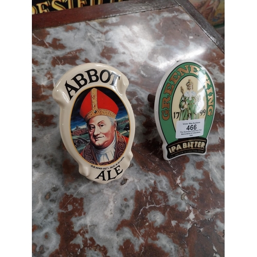 466 - Abbott Ale and Greene King IPA font fronts. {11 cm H x 8 cm W} and {12 cm H x 7 cm W}.