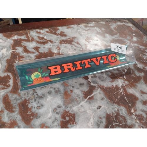 476 - Britvic Orange plastic shelf sign. {5 cm H x 25 cm W x 4 cm D}.