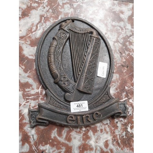 481 - Cast Iron Eire harp plaque. {28 cm H x 22 cm W}.