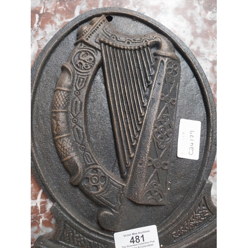 481 - Cast Iron Eire harp plaque. {28 cm H x 22 cm W}.