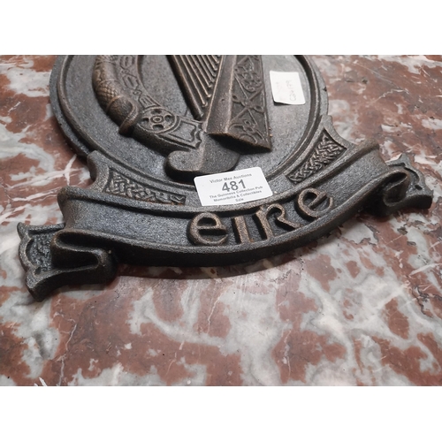 481 - Cast Iron Eire harp plaque. {28 cm H x 22 cm W}.