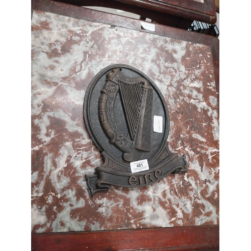 481 - Cast Iron Eire harp plaque. {28 cm H x 22 cm W}.