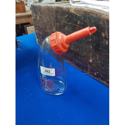 482 - Glass Lucas Battery filler advertising bottle. {18 cm H x 8 cm W} .