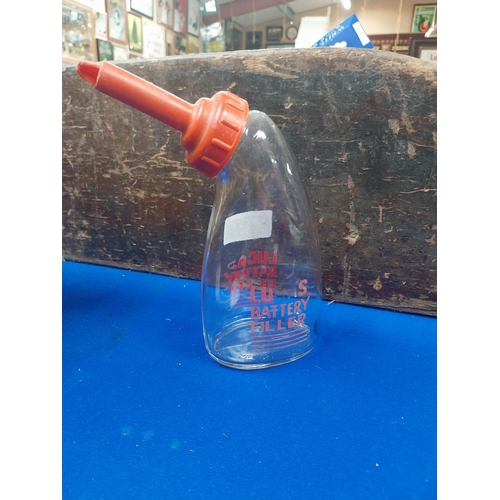 482 - Glass Lucas Battery filler advertising bottle. {18 cm H x 8 cm W} .