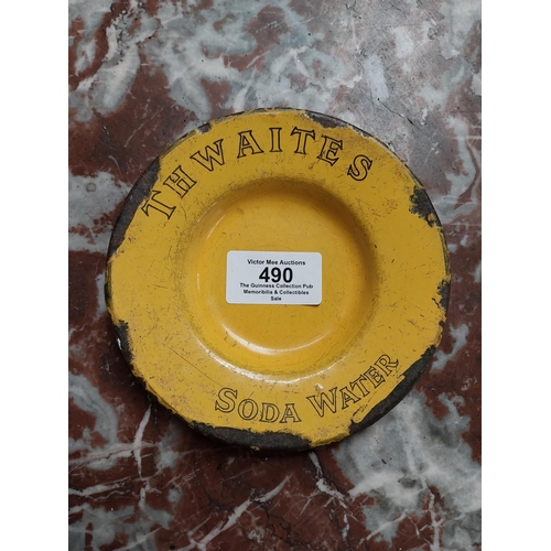 490 - Two enamel advertising ashtrays - Thwaites Soda Water {2 cm H x 12 cm Dia.} and Cantrell and Cochran... 