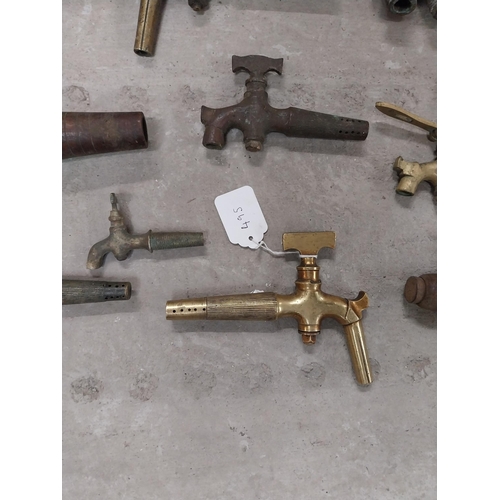 495 - Collection of nine 19th C. brass barrel taps and two wooden barrel taps.