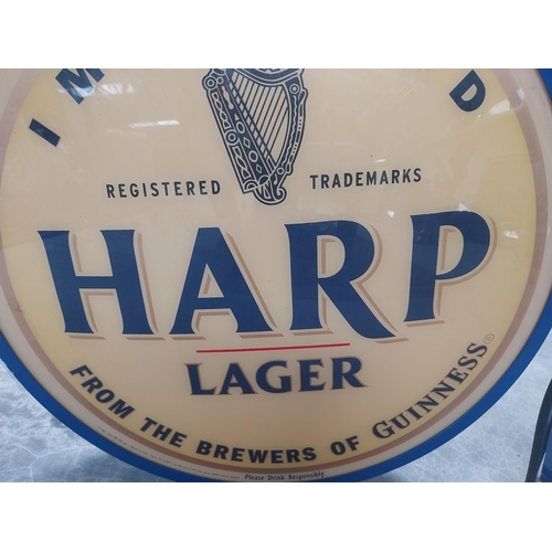 513 - Harp Lager metal and Perspex double sided light up advertising sign {54 cm H x 53 cm W }.