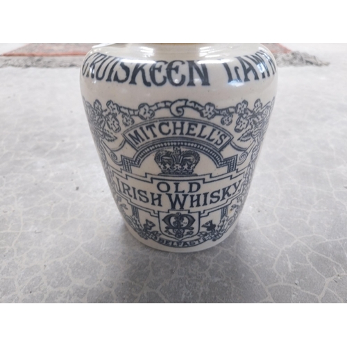 519 - Cruiskeen Lawn Mitchell's Old Irish Whisky advertising stoneware flagon {18 cm H x 11 cm W x 12 cm D... 