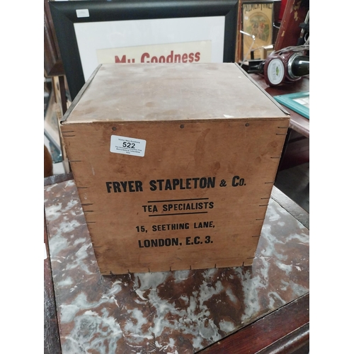 522 - Fryer Stapleton & Co. Tea Specialists London wooden advertising box {26 cm H x 26 cm W x 26 cm D}.