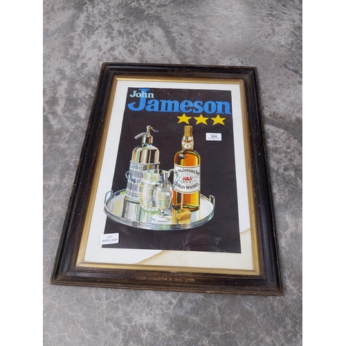 524 - John Jameson Dublin Whiskey showcard in original stamped wooden frame. {60 cm H x 44 cm W}.