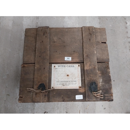 529 - Robinson and Payne Wine Merchant London wooden advertising crate. {25 cm H x 52 cm W x 45 cm D}.