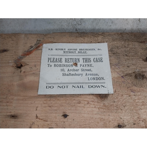 529 - Robinson and Payne Wine Merchant London wooden advertising crate. {25 cm H x 52 cm W x 45 cm D}.