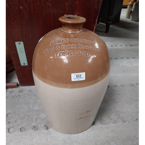 533 - James Gearty Wine and Spirit Merchant Longford three gallon stoneware flagon. {40 cm H x 26 cm Dia.}... 