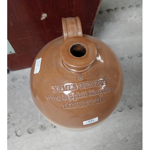 533 - James Gearty Wine and Spirit Merchant Longford three gallon stoneware flagon. {40 cm H x 26 cm Dia.}... 