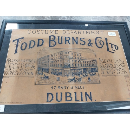 534 - Framed Todd Burns and Co Costume Department Dublin advertising print. {44 cm H x 63 cm W}.