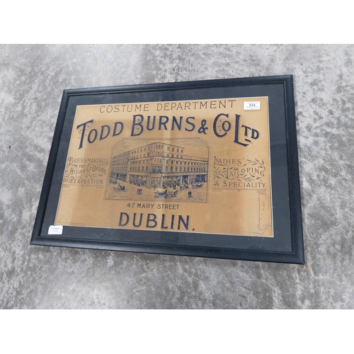 534 - Framed Todd Burns and Co Costume Department Dublin advertising print. {44 cm H x 63 cm W}.