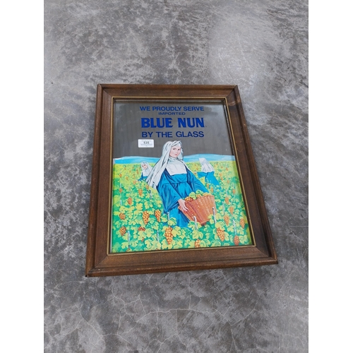 535 - We proudly serve imported Blue Nun by the glass framed advertising mirror. {49 cm H x 38 cm D}.