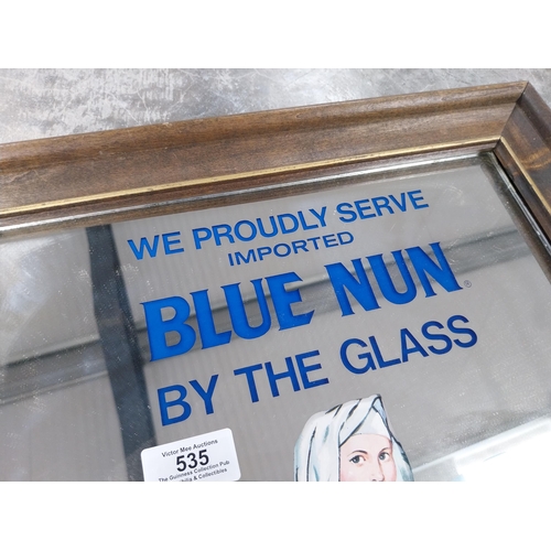 535 - We proudly serve imported Blue Nun by the glass framed advertising mirror. {49 cm H x 38 cm D}.