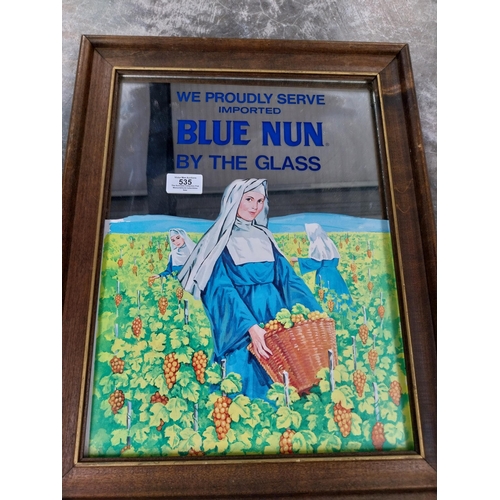 535 - We proudly serve imported Blue Nun by the glass framed advertising mirror. {49 cm H x 38 cm D}.