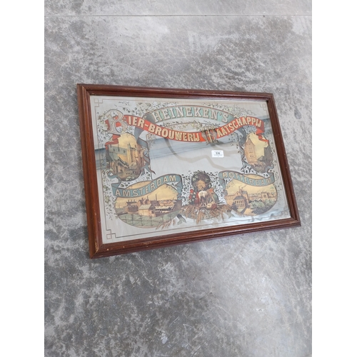 536 - Framed Heineken Lager Amsterdam Rotterdam advertising mirror. {45 cm H x 65 cm W}.