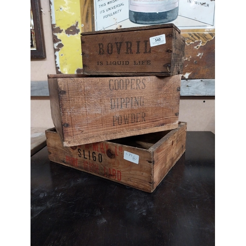 540 - Three wooden advertising crates - Cook and McNeily Ltd Sligo, Cooks Dipping Powder and Bovril. {10 c... 