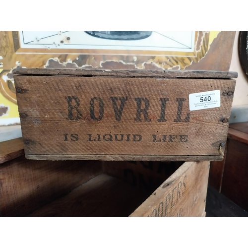 540 - Three wooden advertising crates - Cook and McNeily Ltd Sligo, Cooks Dipping Powder and Bovril. {10 c... 