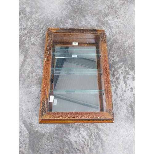 545 - 1950's wooden wall display cabinet with three shelves and mirrored back. {65 cm H x 47 cm W x 10 cm ... 