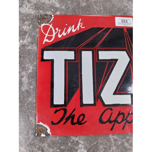 553 - Drink Tizer the Appetiser enamel advertising sign. {24 cm H x 35 cm W}.