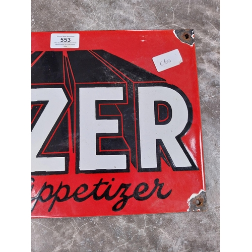 553 - Drink Tizer the Appetiser enamel advertising sign. {24 cm H x 35 cm W}.