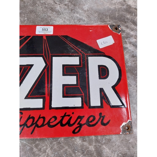 553 - Drink Tizer the Appetiser enamel advertising sign. {24 cm H x 35 cm W}.