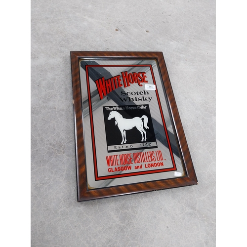 554 - Framed White Horse Scotch Whiskey advertising mirror. {50 cm H x 30 cm W}.