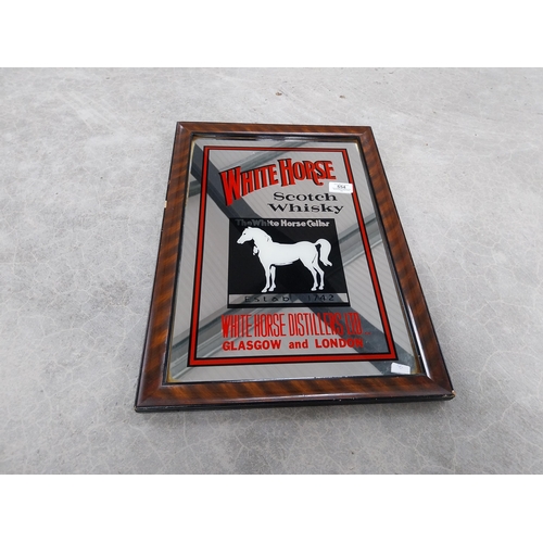 554 - Framed White Horse Scotch Whiskey advertising mirror. {50 cm H x 30 cm W}.