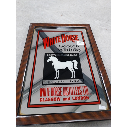 554 - Framed White Horse Scotch Whiskey advertising mirror. {50 cm H x 30 cm W}.